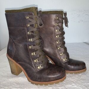 Womens Boots Size 9 UGG Australia Fabrice Brown Leather Lace & Zip Bootie